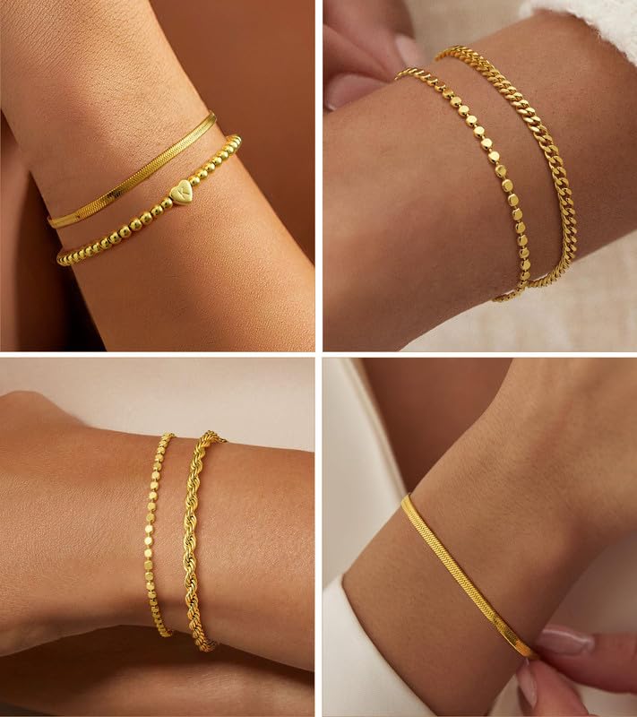 doubgood Gold Bracelets for Women Non Tarnish, Waterproof Gold Bracelet Stack Set with Initial Charm Dainty Layered Chain Heart Jewelry Gifts for Women - color: M - Gold