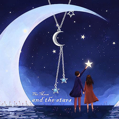 Ladytree 925 Sterling Silver Jewelry Crescent Moon and Star Pendant Necklace - style: Three Stars 3