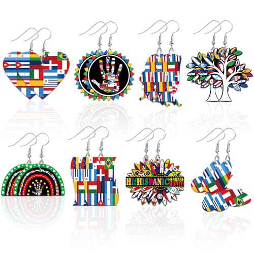 8 Pairs Hispanic Heritage Month Acrylic Earring for Women | Spanish Dangle Earrings, Hispanic Culture Jewelry Gifts Party Accessories, Hypoallergenic Acrylic, Double Side Design - style: Hispanic Heritage Month