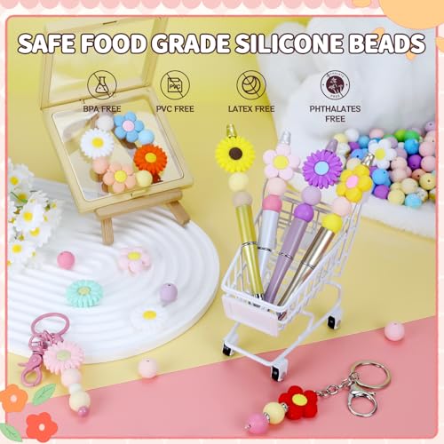 12pcs Flowers Silicone Focal Beads for pens | Focal Beads for Keychain Making,Pens,Bracelet,Necklace Crafts,Bulk Silicone Beads for DIY（Flowers） - color: Flowers