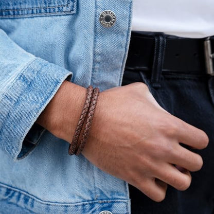 RTZN® Brown Leather Bracelet for Men – Premium Artisan Handcrafted Mens Leather Bracelet – Multi-Stand Mens Bracelet Leather Collection | Beaded Tiger Eye, Silver Chain, and Braided Brown Leather - color: Double Braided, size: Medium