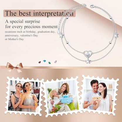 Anklets for Women 925 Sterling Silver Blue Evil Eye Infinity Butterfly Adjustable Multilayer Layered Summer Beach Ankle Bracelet Foot Chain Jewelry for Women - style: Heart Star