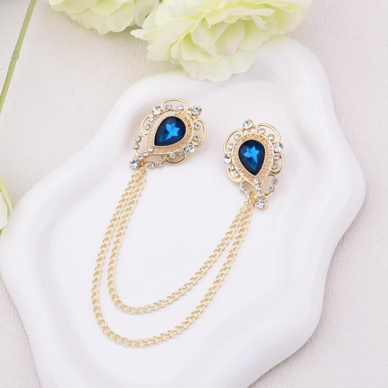 Teardrop Rhinestone Brooch Mens Lapel Pins for Shirt Collar Hanging Chain Brooch Suit Pin Crystal Rhinestone Lapel Pins for Men - color: Peacock Blue