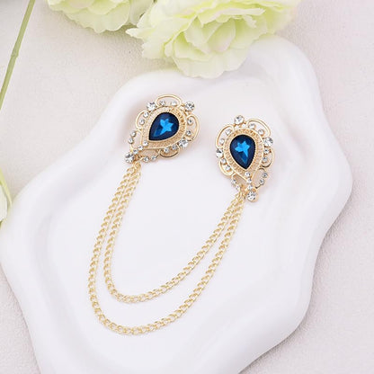 Teardrop Rhinestone Brooch Mens Lapel Pins for Shirt Collar Hanging Chain Brooch Suit Pin Crystal Rhinestone Lapel Pins for Men - color: Peacock Blue