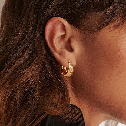 MEVECCO Chunky Huggie Hoop Earrings for Women Starburst Beaded Styles | 18K Gold Plated Brass, Triple Or Single Cubic Zirconia Star Details, Graduated Rounded Profile, Front Stone Row - style: Middle CZ Hoop