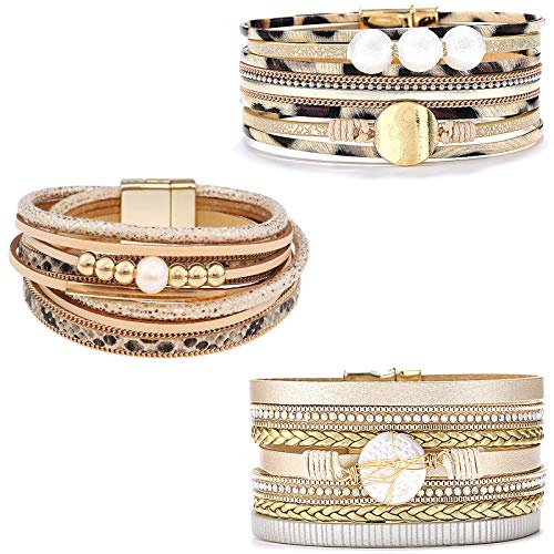 Wowanoo 3Pack Leather Cuff Bracelet Set Multilayer Wrap Bracelet Crystal Feather Tree Bracelet Magnetic Clasp Bracelet for Women - color: Pearl Khaki