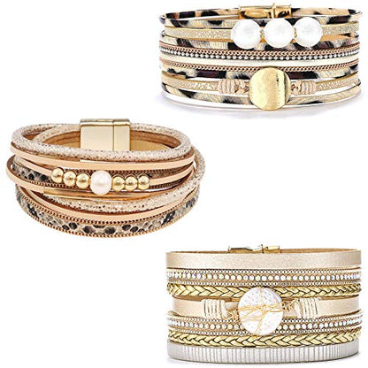 Wowanoo 3Pack Leather Cuff Bracelet Set Multilayer Wrap Bracelet Crystal Feather Tree Bracelet Magnetic Clasp Bracelet for Women - color: Pearl Khaki