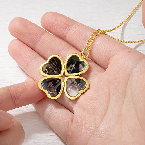 Personalized Photo Locket Necklace that Holds Pictures Sterling Silver Jewelry Gifts for Women Girls Custom Photo Lockets Pendant Necklace Picture Locket Memorial Jewelry Heart Wing Four Leaf Oval - color: Four leaf
