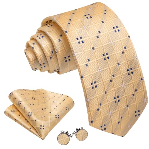 YOHOWA Men Plaid/Striped Ties Clip Set Silk Necktie Pocket Square Cufflinks | Woven Classic,Formal/Casual Mens Tie,Pocket Square Cufflinks Set,Luxury,Business,Wedding,Party,Prom,Graduation - color: Champagne