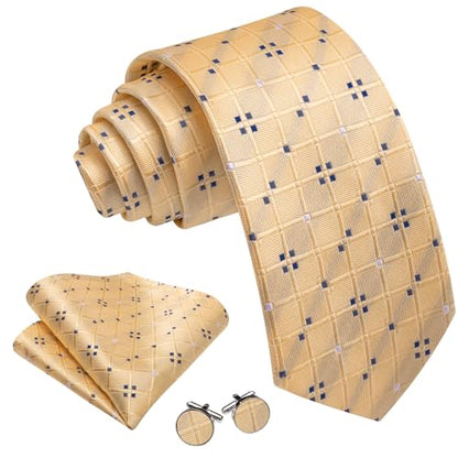 YOHOWA Men Plaid/Striped Ties Clip Set Silk Necktie Pocket Square Cufflinks | Woven Classic,Formal/Casual Mens Tie,Pocket Square Cufflinks Set,Luxury,Business,Wedding,Party,Prom,Graduation - color: Champagne