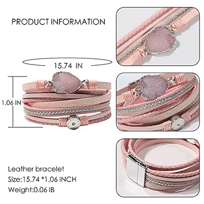 Artilady Leather Wrap Bracelet for Women, Pearl Beaded Bangle Stack Jewelry | Easy on-off, Elegant Handmade Multi-Layered, Daily Casual Date Beach Vacation, Gift for Ladies, Mother, Sister & Friend - style: Pink