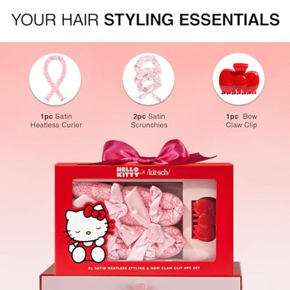 Hello Kitty x Kitsch Satin Flexi Rods, Heatless Curling Rod - 4pc Set | Flexi Rod for Heatless Curl Overnight for Women, Comfortable Hair Curlers to Sleep In for Frizz-Free, No Heat Damage Styling