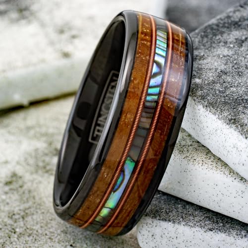 Gorgeous Unique 6mm/8mm Black Tungsten Carbide Band Ring with Dazzling Abalone Between Two Genuine Guitar Strings And Whiskey Barrel Oak Wood.