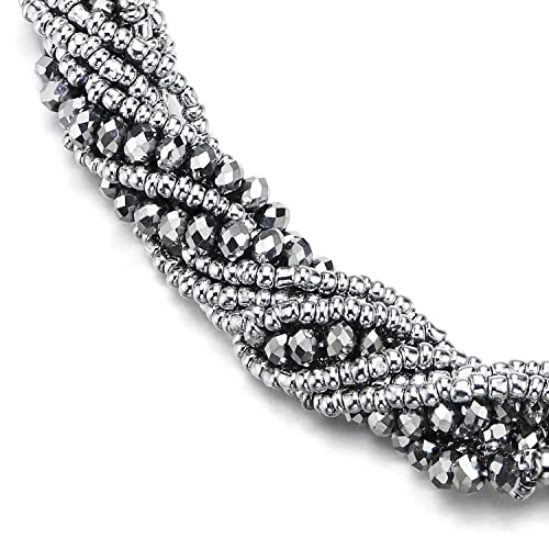 COOLSTEELANDBEYOND Multi-Layer Beads Crystal Braided Chain Choker Collar Magnetic Clasp,Statement Necklace, Bracelet - color: G1-Necklace Silver Color