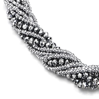 COOLSTEELANDBEYOND Multi-Layer Beads Crystal Braided Chain Choker Collar Magnetic Clasp,Statement Necklace, Bracelet - color: G1-Necklace Silver Color