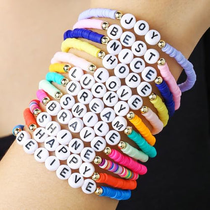 Heishi Surfer Clay Bead Bracelets Set for Women - Preppy Smile Evil Eye Beaded Stretch Bracelets Elastic Layering Friendship Bracelets- Stackable Boho Disc Summer Jewelry Set - color: 12PC-CLAY-black