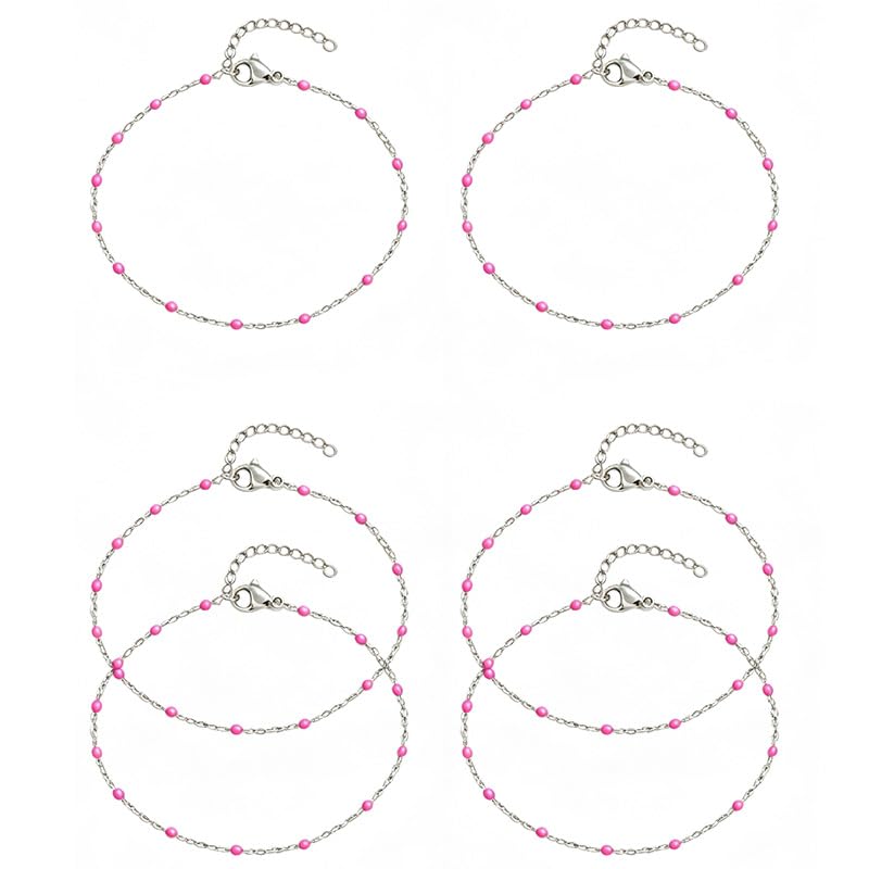 6 PCS Enamel Beaded Chains Bracelet Stainless Steel Link Bracelets | 6.7"+1.18", With Extender Chain, Fashion Jewelry Set, Gift For Women, Colorful, No Fade - color: Rose Silver