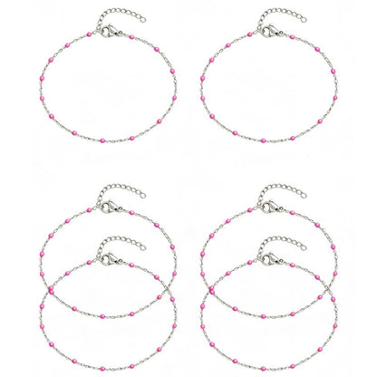6 PCS Enamel Beaded Chains Bracelet Stainless Steel Link Bracelets | 6.7"+1.18", With Extender Chain, Fashion Jewelry Set, Gift For Women, Colorful, No Fade - color: Rose Silver
