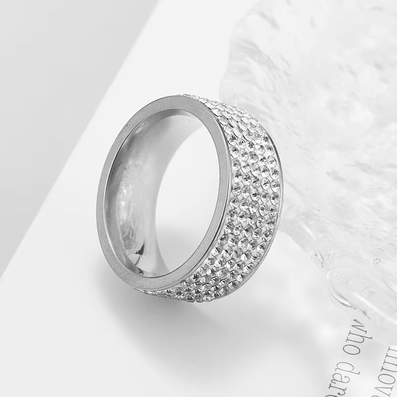 Multi Row Rhinestone Stainless Steel Band Ring Jewelry for Women | Multi rows shiny rhinestones, durable stainless steel, stylish band, ideal birthday holiday gift jewelry for women - color: silvery