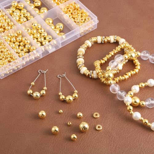 1000 Pcs Gold Beads for Bracelets, Assorted Gold Spacer Beads for Jewelry Making Smooth Round Gold Charms for Bracelets DIY Necklace Bracelet Jewelry Making