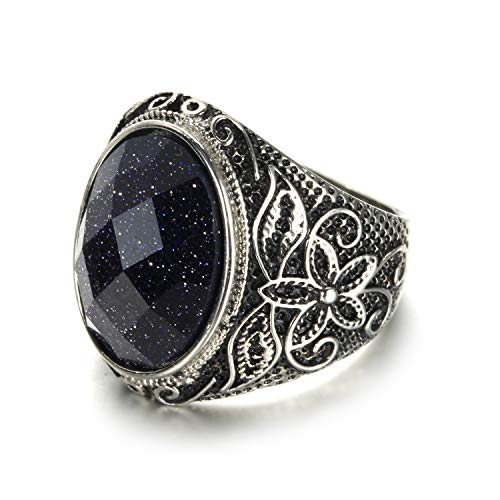 Retro Unisex Stainless Steel Oval Gemstone Hollow Flower Carved Signet Ring - color: Silver-Blue