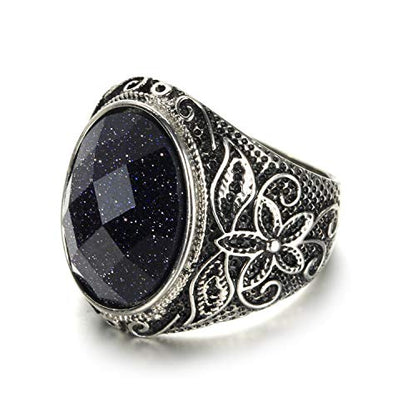 Retro Unisex Stainless Steel Oval Gemstone Hollow Flower Carved Signet Ring - color: Silver-Blue