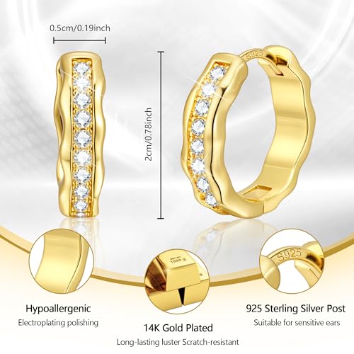 Silver Hoop Earrings, Small Chunky Silver Shiny Cubic Zirconia Twisted Hoop Earrings for Women Trendy Hypoallergenic Lightweight Thick Wave Huggie Earing Jewelry for Women Gifts in Box - color: 14K Gold