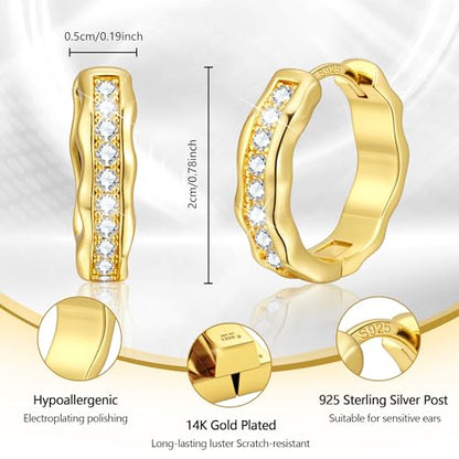 Silver Hoop Earrings, Small Chunky Silver Shiny Cubic Zirconia Twisted Hoop Earrings for Women Trendy Hypoallergenic Lightweight Thick Wave Huggie Earing Jewelry for Women Gifts in Box - color: 14K Gold