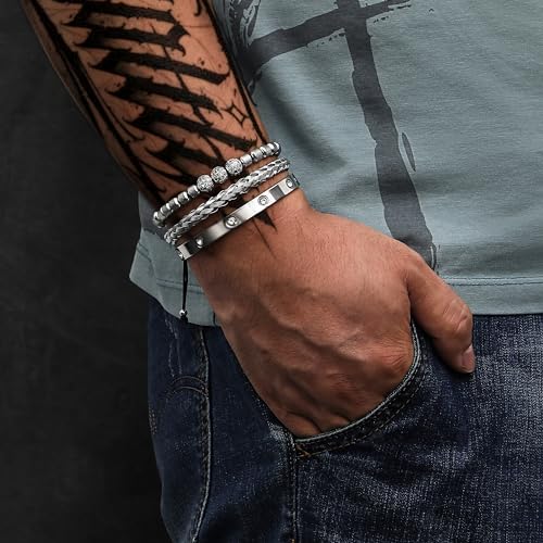 WFYOU 3PCS Stainless Steel Imperial Crown Bracelets for Men Gold Roman Numeral Bangle Bracelet Adjustable Cuff Bracelet Mens Luxury Jewelry Gifts - style: 11:Silver-Ball CZ