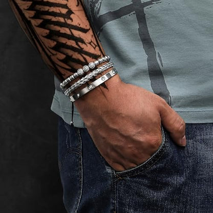 WFYOU 3PCS Stainless Steel Imperial Crown Bracelets for Men Gold Roman Numeral Bangle Bracelet Adjustable Cuff Bracelet Mens Luxury Jewelry Gifts - style: 11:Silver-Ball CZ