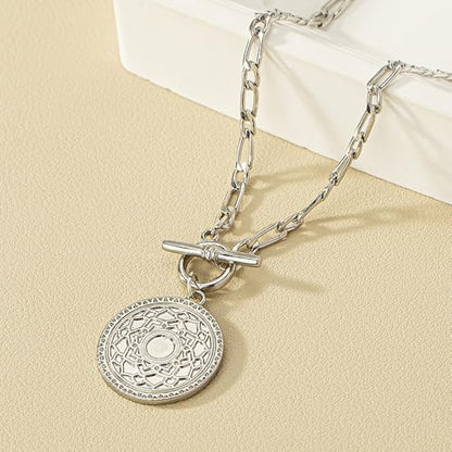 Coin Necklace for Women Hip Hop Toggle Medallion Pendant Necklace Trend Silver Pressed Flower Necklace Charm Punk Statement Jewelry Gifts Gold Silver