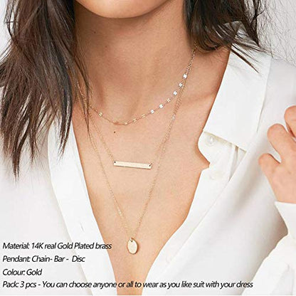 Turandoss Dainty Layered Choker Necklace, Handmade Y Pendant Necklace Multilayer Bar Disc Necklace Adjustable Layering Choker Necklaces for Women - style: 3PCS - Chain&Bar&Disc