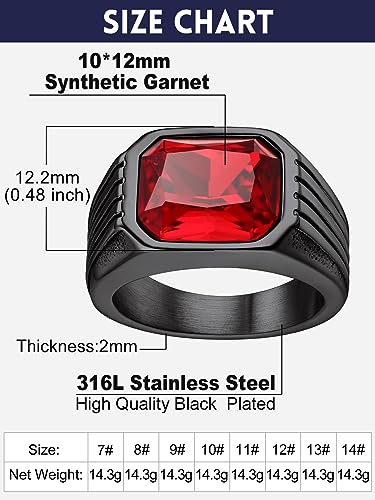 Cubic Zirconia Rings for Men Women Stainless Steel Birthstone Ring Square Cut Statement Jewelry Size 7-14 - color: Black-Ruby Stone, size: 11