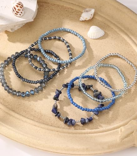 Noessla Boho Beaded Bracelets for Women Stackable Irregular Natural Stone Bead Stretch Bracelet Set 8PCS Costume Jewelry Gifts for Her - color: Navy Blue