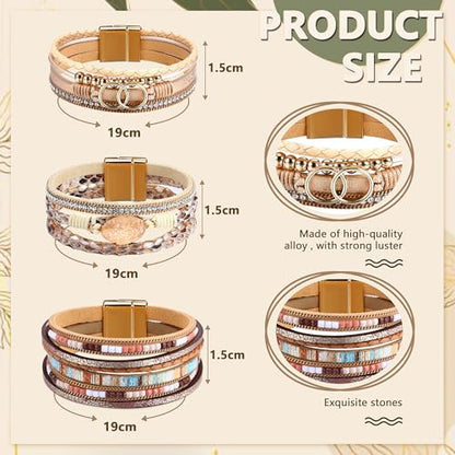 Sanfenly Leather Wrap Bracelets for Women,Boho Wrap Bracelets Leather Cuff Bangle Beads Bracelets Stackable Western Bracelets Jewelry for Women (Gold/Black/Gray/Turquoise) - color: Gold Leather