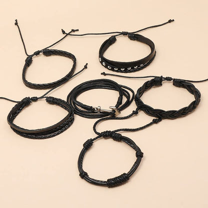 Leather Cuff Bracelet for Men Women, Multilayer Braided Wristband, Adjustable 6.5-9.5 Inches Wrap Bracelets Punk Gothic Grunge - color: Anchor set - 6Pcs