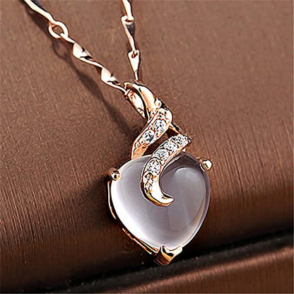 Heart shaped pendant necklace for women's gift - Rose gold heart shaped pink crystal cat eye Quartz Stone pendant romantic birthday anniversary wedding gift (Rose gold)