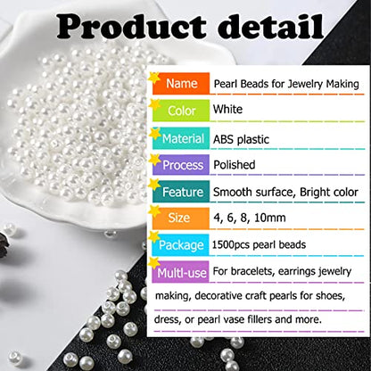 1500pcs Pearl Beads for Jewelry Making, 4mm 6mm 8mm 10mm Round Loose Pearls Beads with Hole, Bracelet Pearls for Crafts, White Pearls for Jewelry Making - size: 4/6/8/10mm