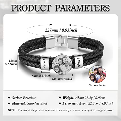 Personalized Braided Leather Bracelet with Photo Custom Name Beads Cuff Bangle Jewelry Gifts for Men Dad Husband Grandpa Fathers Day - color: 2 Names