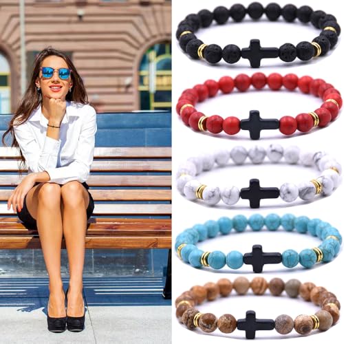 Beaded Bracelets Cross Bracelet for Women Men Lava Rock Turquoise Tiger Eye Natural Bracelet Anxiety Healing - color: 6 Pcs- black cross 1