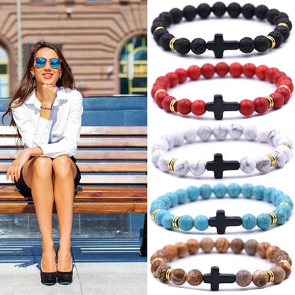 Beaded Bracelets Cross Bracelet for Women Men Lava Rock Turquoise Tiger Eye Natural Bracelet Anxiety Healing - color: 6 Pcs- black cross 1