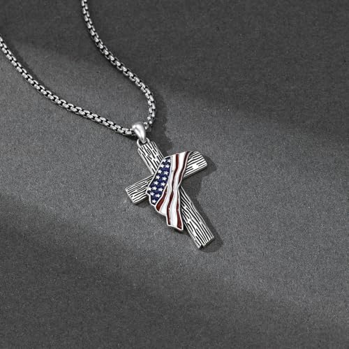 Cross Necklace for Men Women 925 Sterling Silver Cross Pendant Necklace Christian Religious Jewelry Gifts for Anniversary - color: 11-American Flag Cross-1
