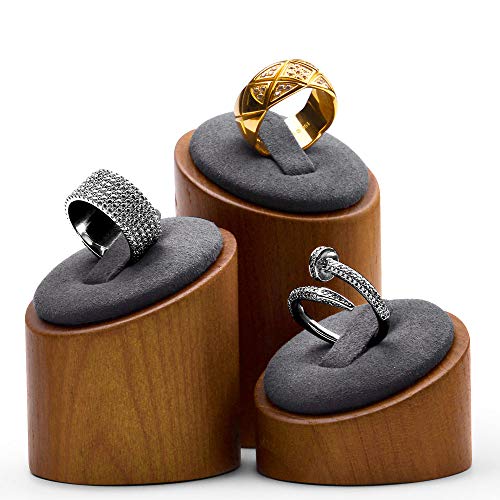 Oirlv Solid Wood 3 Pcs Ring Display Stand Showcase Jewelry Organizer Holder for Rings Trade Show Countertop Ring Bearer(Grey) - color: Gray