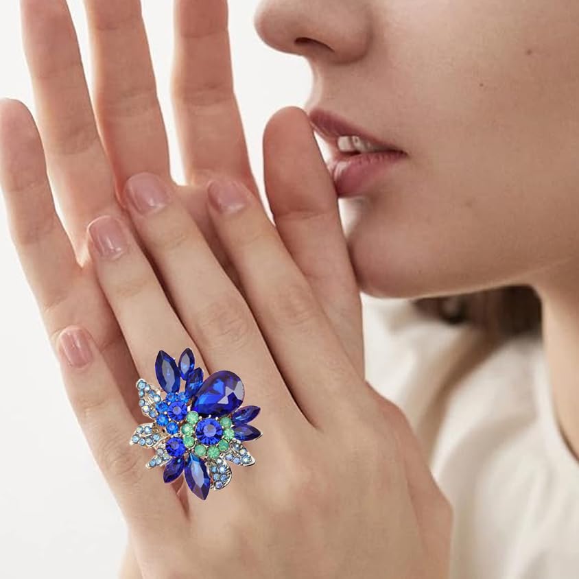CSY Luxury Froral Cocktail Statement Rings Stretch Adjustable Ring | Gorgeous Women's Austrian Crystal Leaves Flower Big Cocktail Statement Rings Stretch Adjustable Ring Jewelry Accessories - color: 01 royal blue