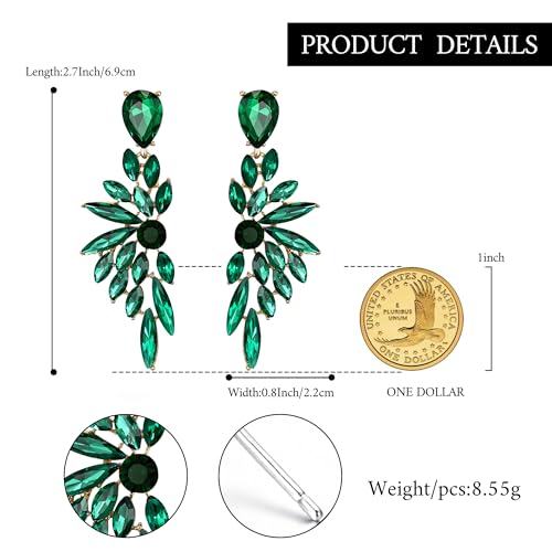 Women's Wedding Bridal Earrings Prom Dangle Earring | Shiny Crystal Teardrop Multi Marquise Cluster for Bride Bridesmaid Bling Jewelry Costume Party Accessories - color: 01-Emerald Color Gold-Tone
