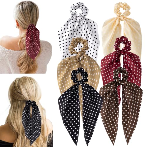 6 PCS Scrunchies with Bow, Bow Hair Ties with Polka Dot | Hair Scarf Scrunchies for Women Girls, Knotted Bows Silk Hair Ties, Satin Hair Ribbon Elastic Hair Tie, Long - color: Polka Dot
