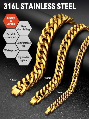 FaithHeart Mens Stainless Steel Cuban Link Bracelet, Tarnish Resistant | 6/8/12/17mm Silver/Black/Gold Sturdy Hip Hop Wrist Chain Bracelets Daily Wear with Gift Box, 7.5"/8.3"/9.1" Length - color: Gold-12mm Width, size: Length 7.5 Inches