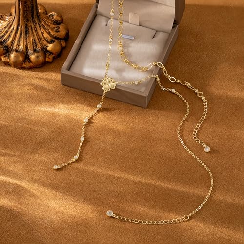 CHESKY Lariat Gold Necklace for Women, Dainty Long Necklace 14k Gold Plated Y-Shaped Pendant Necklace Trendy Layered CZ Beaded Chain Drop Necklaces Simple Gold Jewelry for Women Gifts - color: 7