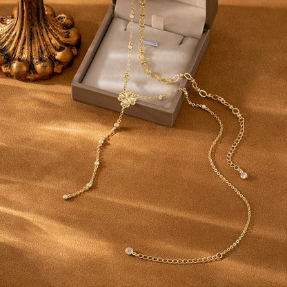 CHESKY Lariat Gold Necklace for Women, Dainty Long Necklace 14k Gold Plated Y-Shaped Pendant Necklace Trendy Layered CZ Beaded Chain Drop Necklaces Simple Gold Jewelry for Women Gifts - color: 7