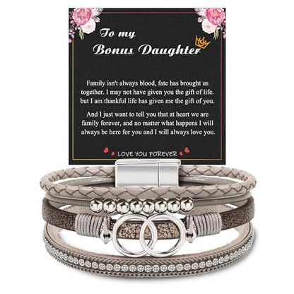 Bracelets for Women, Gifts for Mom Her Christmas Gift 2026 Leather Bracelets for Women Birthday Gift for Daughter Inspirational Wrap Bracelet Sister Friend Teen Girl Gift Layered Stocking Stuffers Jewelry - style: 1 To Bonus Daughter - Grey